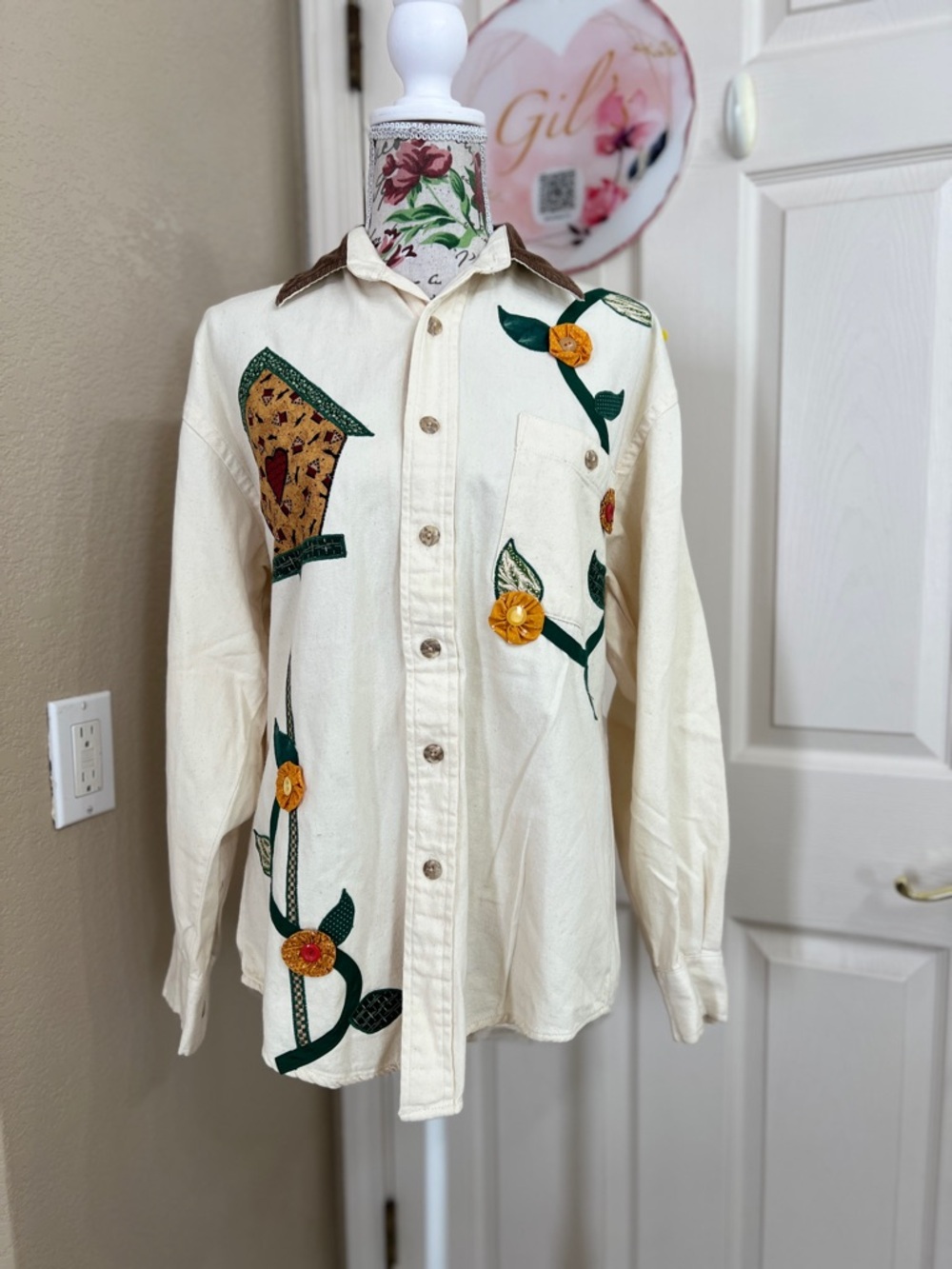 High Sierra Cream Button-Up Shirt Jacket with Green & Yellow Floral AppliquƩ